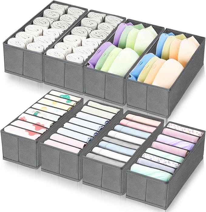 homyfort 8 Pack Dresser Drawer Organizers and Storage Bins for Clothing, Large Drawer Organizer Bins for Baby Clothes, T-Shirts, Bra, Underwear, Socks (Grey)