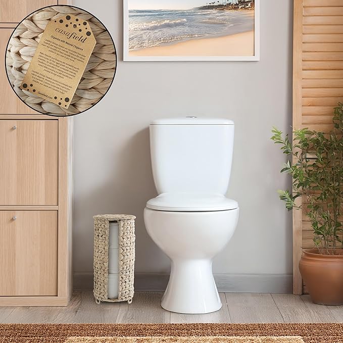 Casafield Free Standing Toilet Paper Storage Roll Holder with Lid - Whitewash, Fits 3 Rolls, Water Hyacinth Bath Tissue Organizer for Bathroom