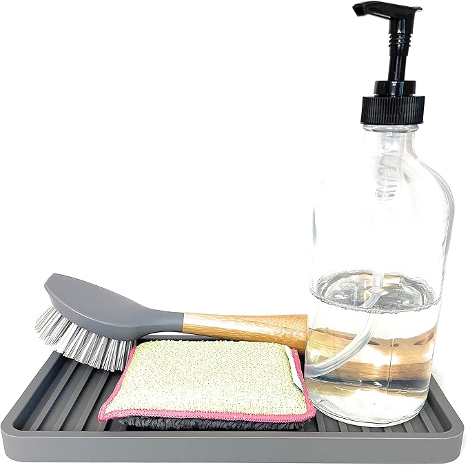 Happitasa Silicone Kitchen Sink Organizer Tray, Sponge Holder and Countertop Protector | Bathroom and Kitchen Soap Dish and Dispenser Tray (Grey, 10"x5.25")