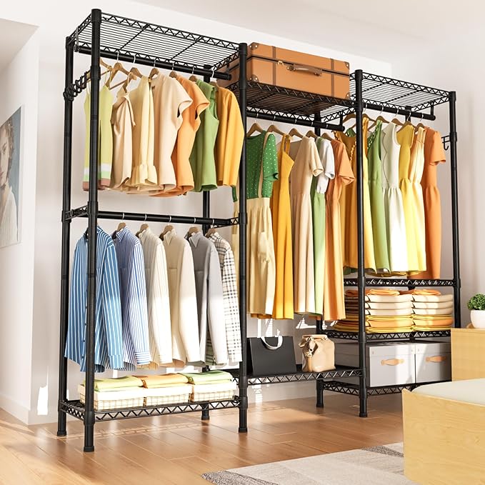 Heavy Duty Garment Rack Clothes Rack,Large Metal Closet Organizer System Storage Wardrobe,Freestanding Clothing Rack with 8 Adjustable Wire Shelves&4 Hang Rods,MaxLoad 800lbs
