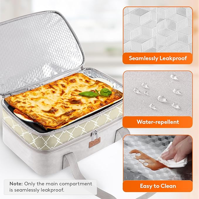 Lifewit Insulated Double Decker Casserole Carrier, Lasagna Lugger Holder for Hot or Cold Food, Fits 9" x 13" Baking Dish, Thermal Lunch Tote Bag for Potluck Parties, Picnic and Cookouts, Grey