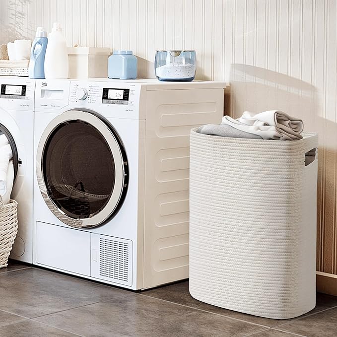 Large Laundry Hamper 16"x13"x22" - Tall Woven Laundry Basket, Cotton Rope Dirty Clothes Hamper, Baby Kids Nursery Wicker Laundry Basket, Bedroom Aesthetic, Soft Laundry Bin, White Hamper, 75L