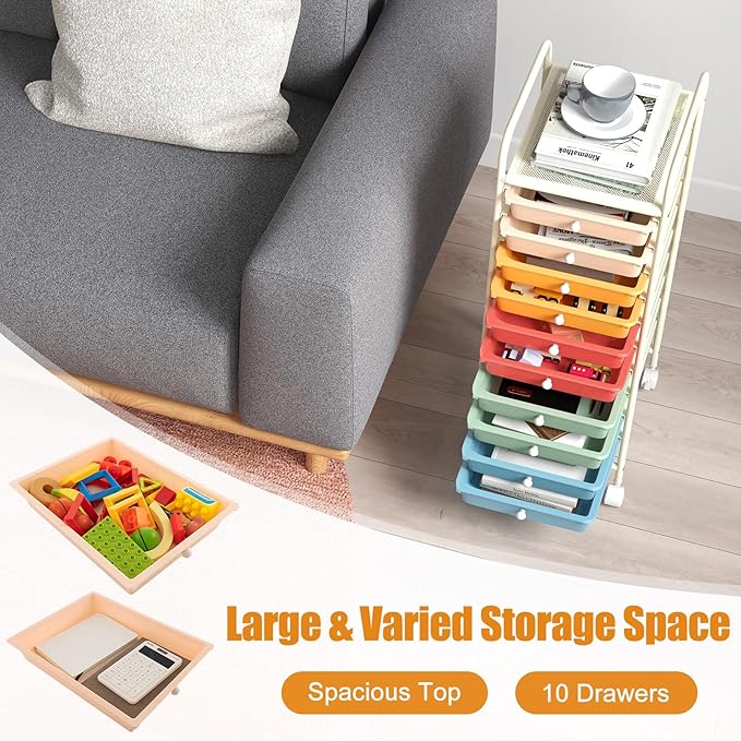 GOFLAME 10-Drawer Rolling Storage Drawer Cart, Utility Cart with Removable Drawers & Metal Frame, Mobile Art Craft Drawer Cart with Lockable Wheels for Home, Office, Studio, School, Macaron Color