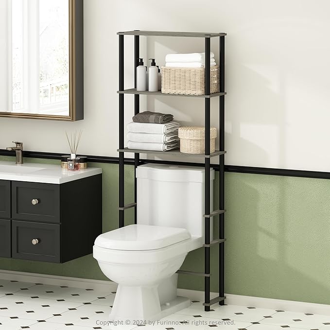Furinno Turn-N-Tube Over The Toilet Storage, 3-Shelf Over The Toilet Organizer, Freestanding Space Saver Bathroom Shelf, for Bathroom Organizers and Storage, Grey Oak