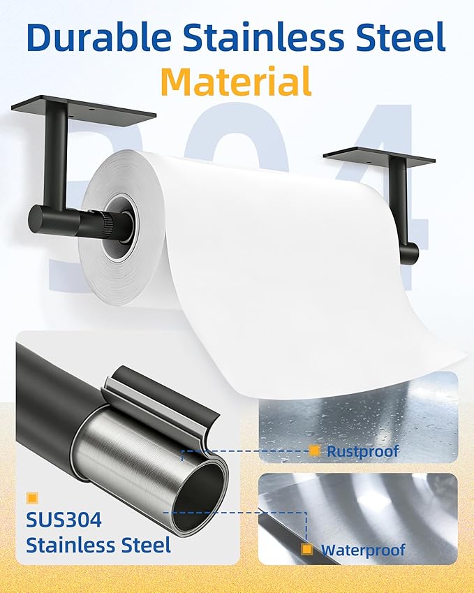 RUACQ Paper Towel Holder Under Cabinet, One Hand Tearing Paper Towel Holder with Damping Effect, Wall Mount & Adhesive Stainless Steel Paper Roll Holder for Kitchen Bathroom (Matte Black)