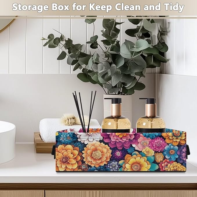 Narrow Storage Bins Bathroom Essentials Organizer Basket Rectangular Collapsible Storage Container for Organizing Toilet Paper Towels Bathroom Accessories, Bohemia Floral Print