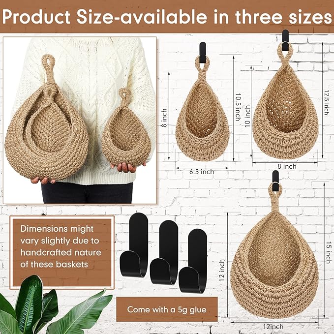 Honeydak Boho Decor Hanging Wall Baskets for Kitchen 3 Pack Teardrop Baskets with Hooks Storage Fruit Onion Vegetable Potato for Home 3 Sizes(Light Linen,Teardrop,Cotton Rope)