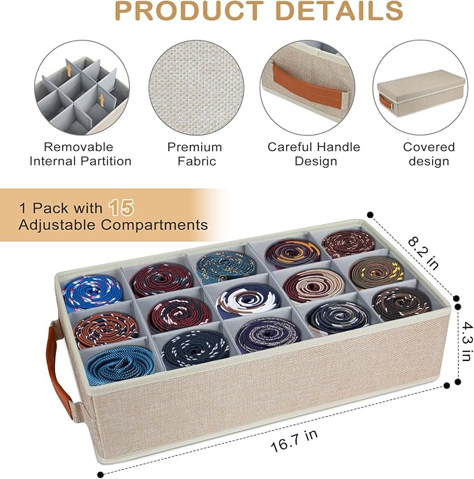 Belt Organizer for Closet, Tie Storage Organizer Bins with 15 Compartments Drawer Organizer, Linen Closet Organizers Storage Box for Socks, Bras, Briefs, Ties, Belts