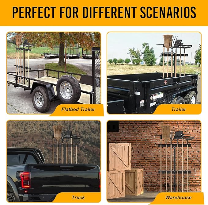 Trailer Tool Rack Shovel Holder - Shovel Rack for Trailer with 6 Tool Holes with Rubber Grommets, Dark Black