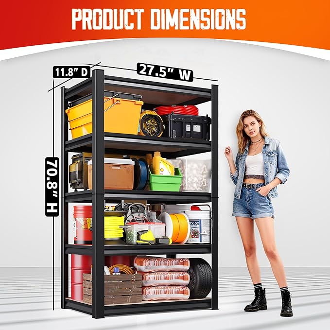 71"Hx28"Wx12"D Garage Shelving-5 Tier Garage Storage Shelves,Adjustable Heavy Duty Metal Shelving Unit and Storage Large Rack,Utility Steel Shelf For Warehouse Industrial Pantry Basement Organizers