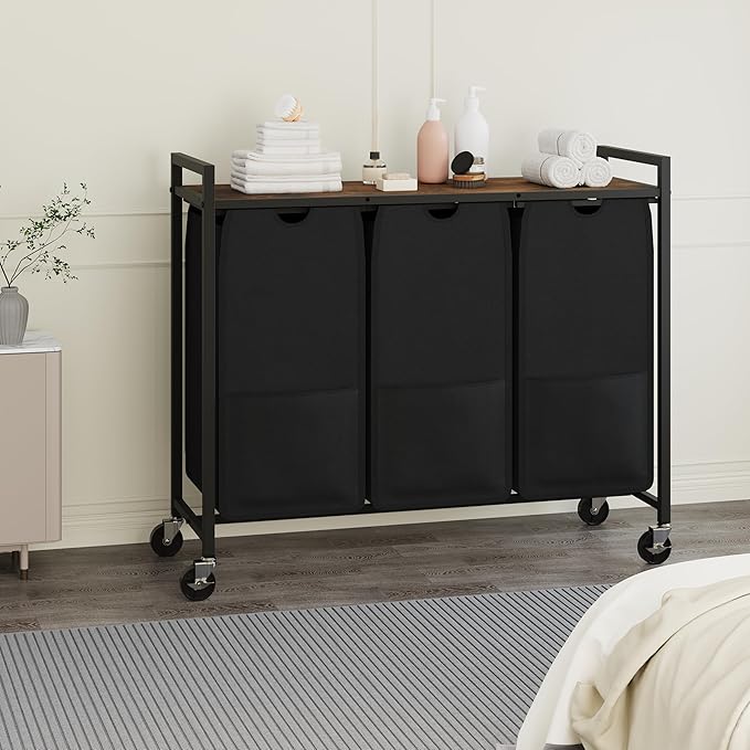 Laundry Sorter with Wheels & 100lb Top Shelf, Rolling 3 Section Removable Pull-Out Fabric Bags Hamper Basket, Sturdy Rustic Brown Black Iron Organizer for Room Organization