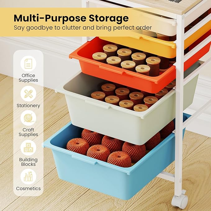 GOFLAME 5-Drawer Rolling Storage Cart, Craft Storage Cart with Wooden Tabletop and Lockable Wheels, Art Cart Supply Storage Organizer with Metal Frame for Home Office Classroom, Macaron Color
