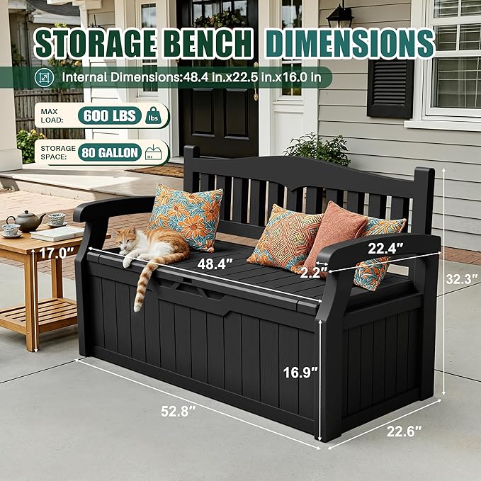 Devoko 80 Gallon Storage Bench Deck Box Lockable for Patio Furniture, Garden Decor and Outdoor Seating for Cushions, Garden Tools and Pool Supplies (Black)