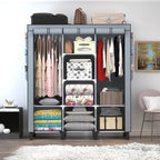 Portable Wardrobe with 10 Storage Racks and 2 Hanging Poles, 6 Side Pockets Non-Woven Cover, Size 130 x 45 x 172 cm, Bedroom Closet Organizer (Gray)