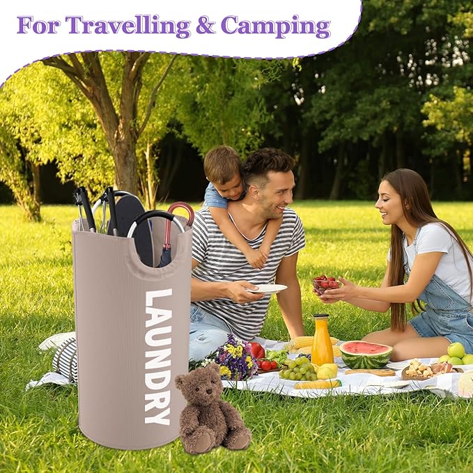 95L Folding Laundry Basket for Singles, Large Laundry Hamper with Aluminum Handles, Freestanding Dirty Clothes Basket, Sturdy Oxford Fabric Clothes Hampers for Travel, Dormitory, Khaki