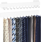 Tie Rack Wall Mount, Adhesive Wooden Closet Tie Hanger with 24 Metal Hooks, Large Capacity, 2 Installation Options, White, 2 Pcs