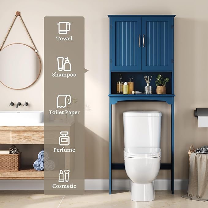 Topeakmart Over the Toilet Storage Cabinet, Organizer with Double Doors and Inner Adjustable Shelf and Lower Open Shelf for Bathroom Laundry, 66 in H, Navy Blue