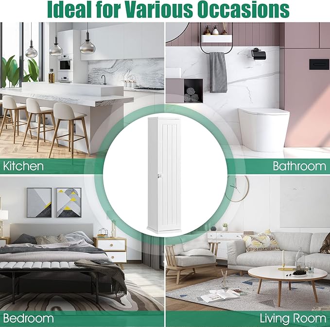 HOMGX Slim Bathroom Storage Cabinet, Freestanding Cabinet with Detachable Shelves & Top Slot, Toilet Paper Storage Holder for Small Spaces, Bathroom, Living Room, White