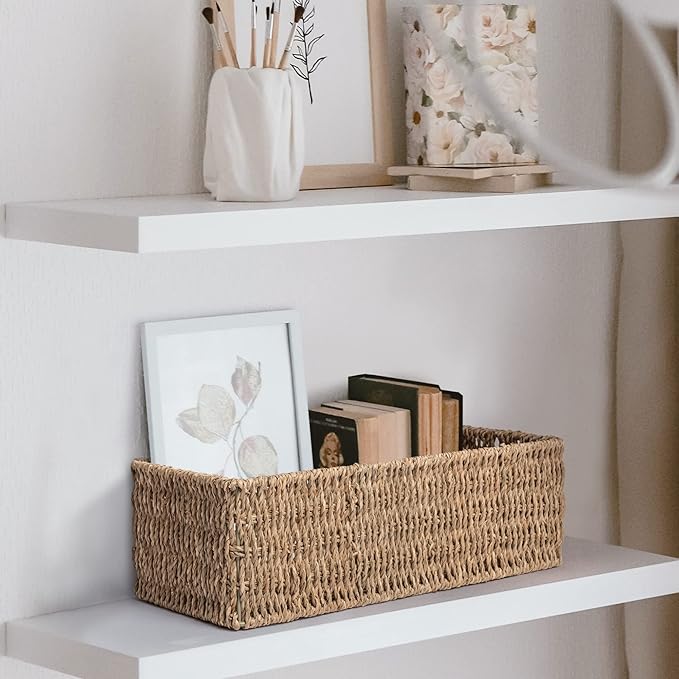JS HANGER Paper Storage Basket, Metal Frame, Set of 2, 14.9"L x 6.3"W x 4.7"H, Wicker Basket for Pantry, Toilet, Bathroom, Bedroom, Patio Storage Baskets for Shelves
