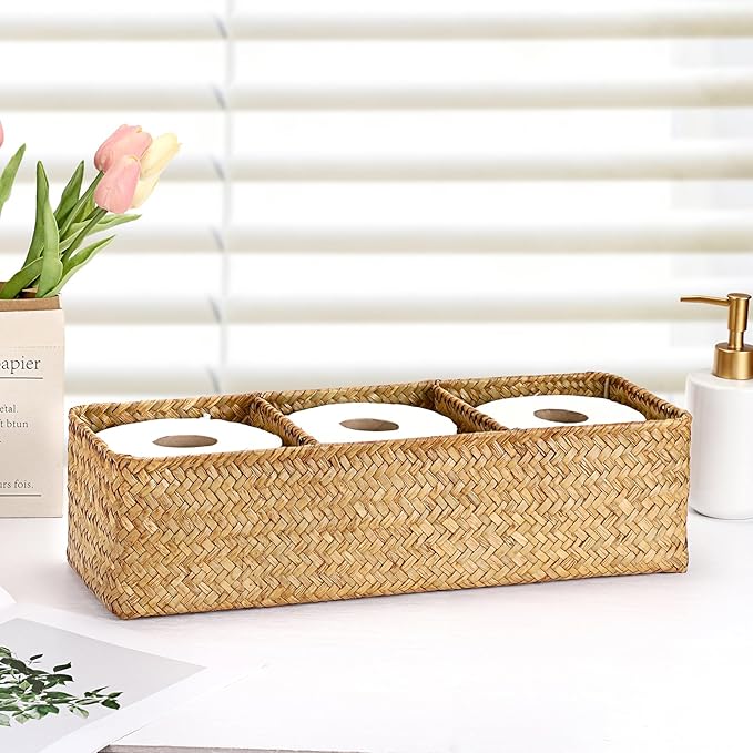 Hipiwe Handwoven Seagrass Storage Basket 3 Sections Toilet Tank Paper Organizer Decorative Shelf Basket for Pantry Living Room Kitchen, Caramel Color