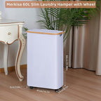 Slim Laundry Basket with Wheels,Narrow Hampers for Laundry,Freestanding Laundry Hamper with Lid&Bamboo Handles,Collapsible & Waterproof Tall Cloth Hamper for Dorm Family(60L White)