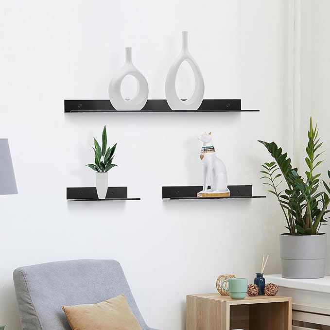 Z metnal Small Metal Shelves, Mini Floating Shelf for Collection Action Figures Speaker, Decor Display Wall Shelf, Aluminum, Wall Mounted, Matt Black, 10 inch, 2 Pack