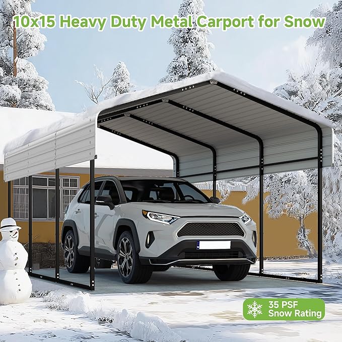 Real Relax 10x15FT Heavy Duty Metal Carport, Outdoor Carport Canopy with Galvanized Steel Roof and Reinforced Base for All-Weather, Garage Shelter Shade for Trucks, Boats, Party, Cream White