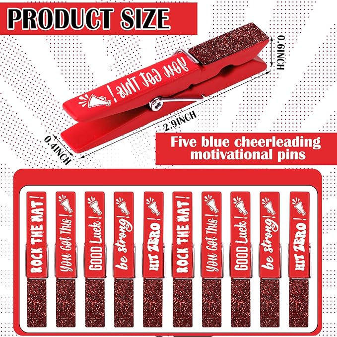 Kigeli 30 Pcs Spirit Clips Cheer Pins Cheerleader Gifts Clothes Pins for Backpacks Competition Glittered for Team Cheer Gifts Stuff Supplies Party Favors Accessories Bulk(Red,Shiny)