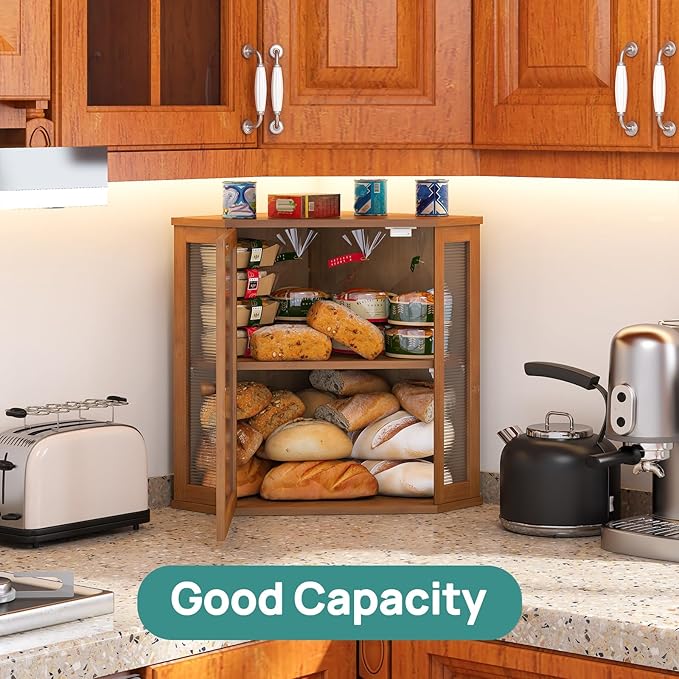 Corner Bread Box for Kitchen Counter, Bamboo Wood Large Capacity Bread Storage Bin with Acrylic Wavy Door Panel (Brown, Extra Large)