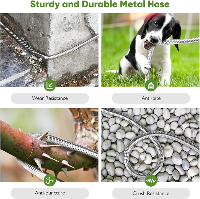 Garden Hose Metal 25FT, Stainless Steel Heavy Duty Water Hose With 10 Function Nozzle, No-Kink, Tough & Flexible, Sturdy and Lightweight, Rust Proof for Yard, Outdoor, RV