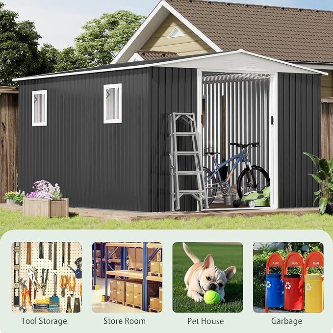 12FT x 10FT Outdoor Storage, Metal Anti-Corrosion Utility Tool House with Lockable Door & Shutter Vents，Outdoor Waterproof Garden Tool Storage Sheds