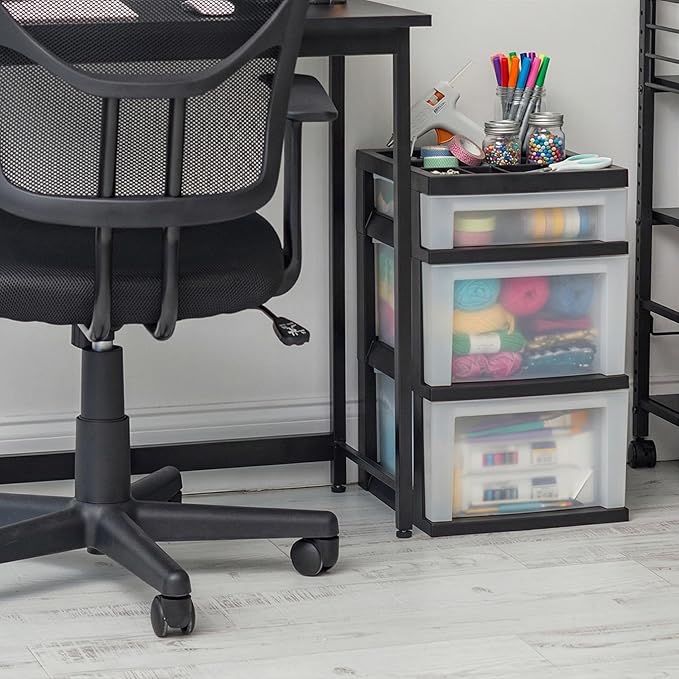 IRIS USA Plastic Drawer Storage Organizer Rolling Cart, 3-Drawers, for Classroom Art Craft Supplies Dresser Closet Bathroom Laundry Room, Black/Pearl
