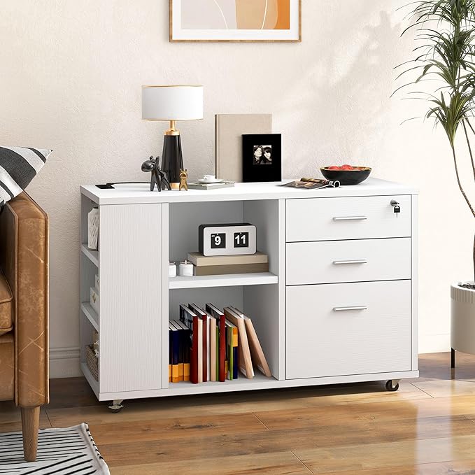 DWVO File Cabinet with Charging Station, 3 Drawer Mobile Office Furniture, Lateral Filing Cabinet with Lock, Printer Stand with Open Storage Shelf for Home Office, White
