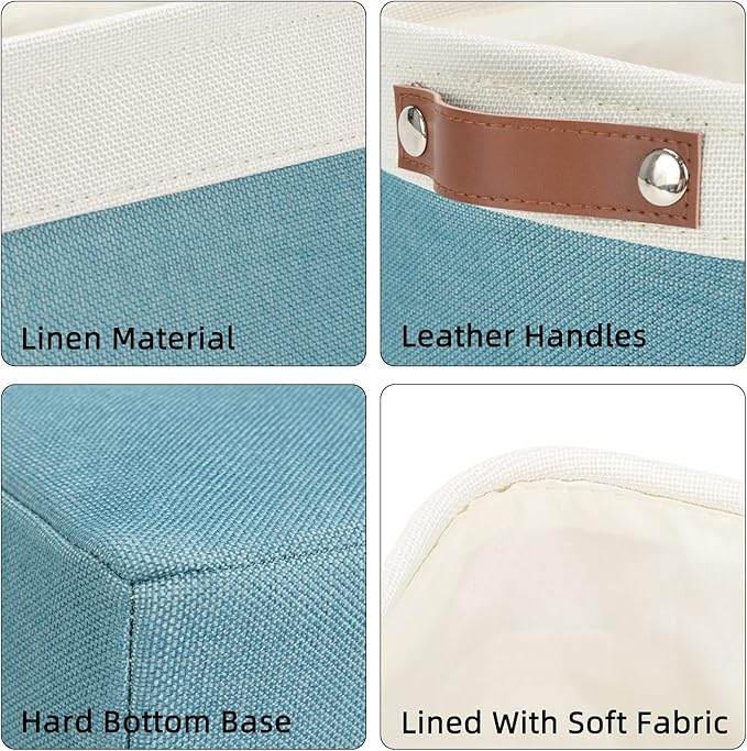 DULLEMELO Large Collapsible Storage Basket/Bin with Sturdy Leather Handles, Fabric Organizer Bin for Storage Clothes, Toys, Books, Office, Bedroom, Closet, Nursery & Laundry (White&Teal)