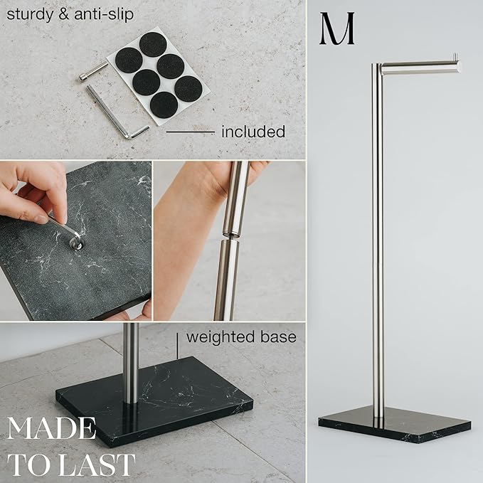 MARMOLUX ACC Free Standing Brushed Nickel Toilet Paper Holder Stand - 4 Jumbo Roll Bathroom Hardware - Standing Toilet Paper Holder - Stainless Steel Toilet Paper Stand - Brushed Steel/Black Marble