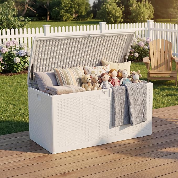 Garvee 120 Gallon Waterproof Large Resin Deck Box Indoor Outdoor, Lockable Storage Container for Patio Furniture Tools, Waterproof Deck Box with Hydraulic Rod Patio Storage Bin for Pool Garden, White