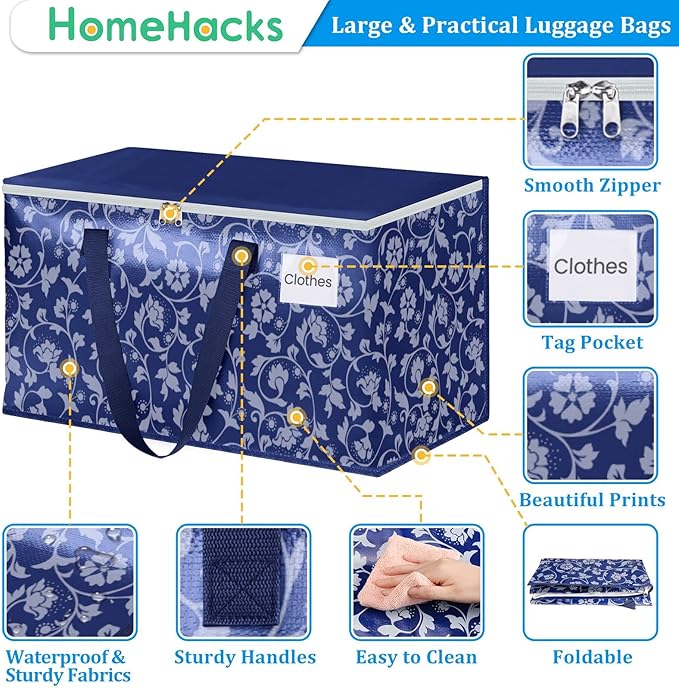 HomeHacks Moving Bags, Extra Large Size Moving Boxes, Heavy Duty Luggage Bags with Smooth Zipper and Sturdy Handles, Large Capacity & Easy Loading Storage Totes for Space Saver 125L, 4-Pack, Blue