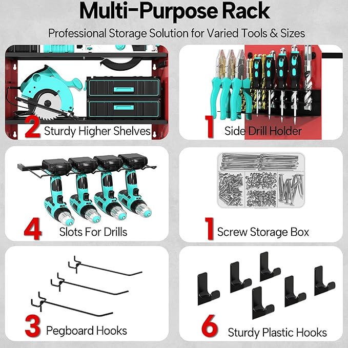 3 Layer Heavy Duty Power Tool Organizer Wall Mount with Charging Station, Adjustable Metal Storage Rack, 6 Outlets Power Strip, Drill Holders, Hooks & Drill Bit Rack for Garage, Workshop, Red
