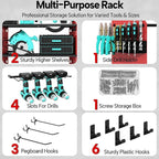 3 Layer Heavy Duty Power Tool Organizer Wall Mount with Charging Station, Adjustable Metal Storage Rack, 6 Outlets Power Strip, Drill Holders, Hooks & Drill Bit Rack for Garage, Workshop, Red