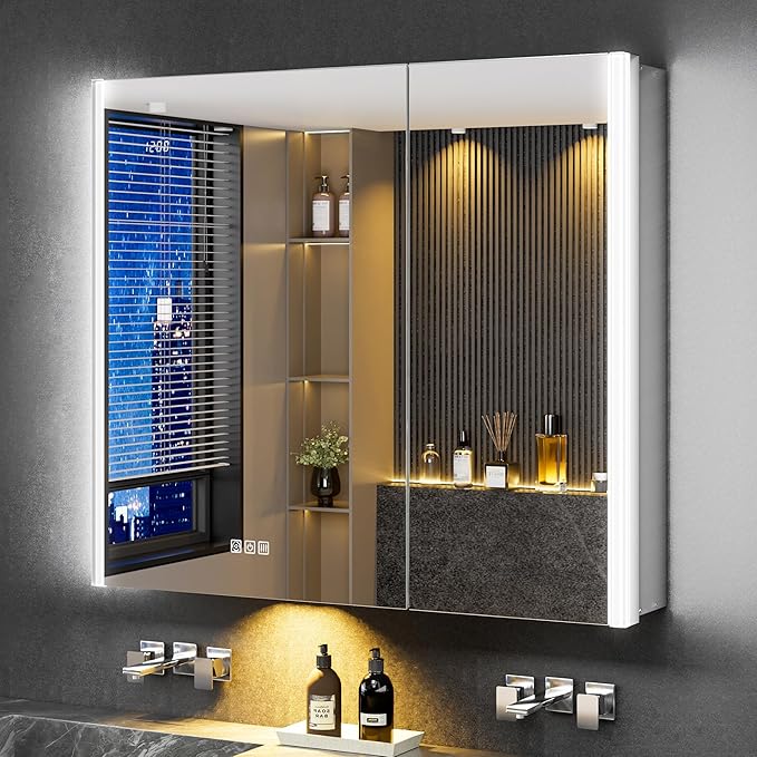 36x32 Lighted Medicine Cabinet Mirror with Magnifying & Night Lamp, 155° Soft-Close Hinge, Surface or Recessed Medicine Cabinet with Lights & Outlet, GFCI,Time Display& Inner Light,Hardwired