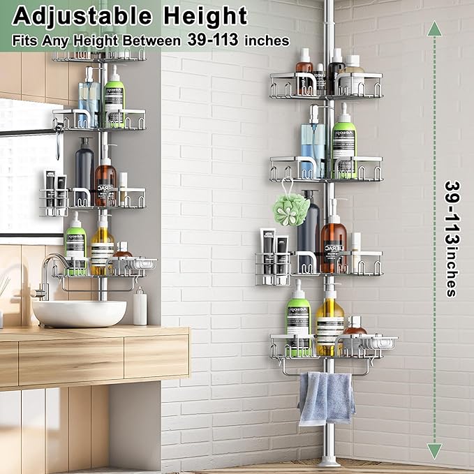 Corner Shower Caddy Tension Pole 4 Tier Adjustable Stainless Steel Shower Shelf for Inside Shower Bathtub Shampoo,Standing Bathroom Organizer Shelves with 39 to 113 inch Height