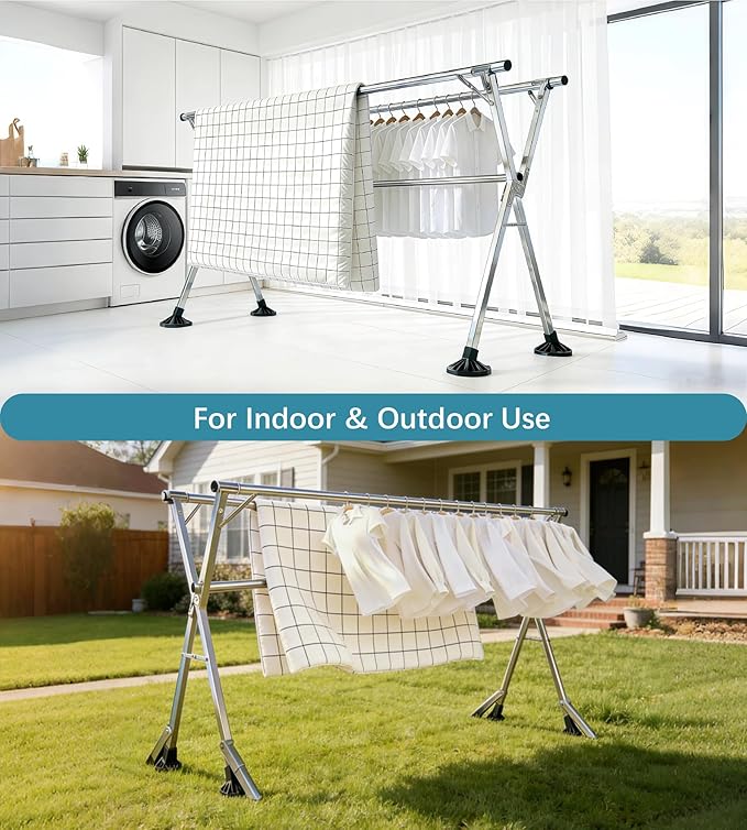Clothes Drying Rack 95 Inches Folding Indoor Outdoor, Drying Rack Clothing Collapsible Windproof, Foldable Laundry Drying Rack, Heavy Duty Stainless Steel Clothes Rack, Coat rack, 20 Hooks 12 Clips