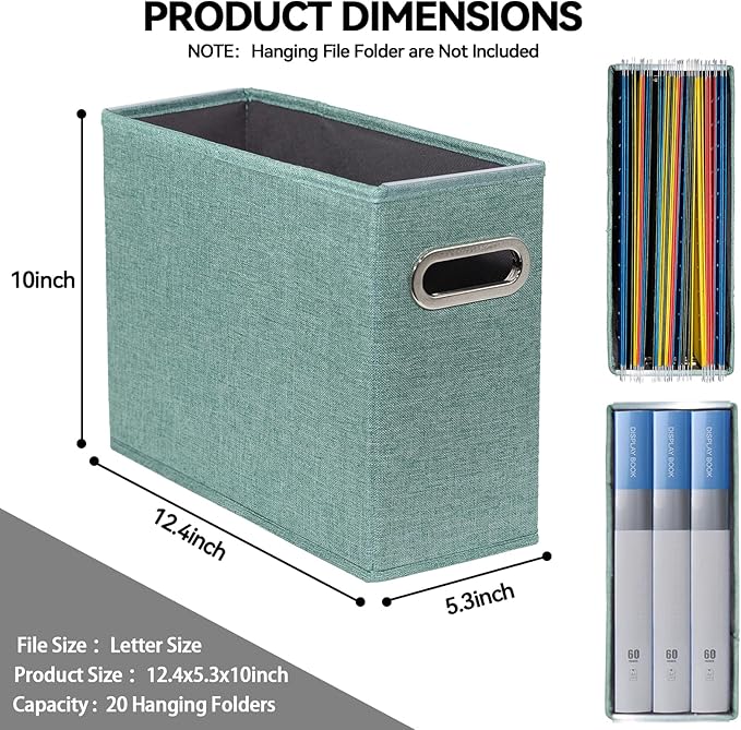 6 Pack Letter Size File Storage Box Collapsible，Fabric Hanging File Folders Organizer, Portable Office Document Holder with Metal Handle, Smooth PVC Rails, Green