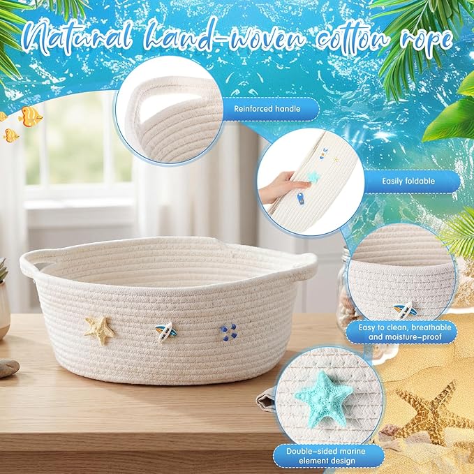 Remerry Boho Coastal Toilet Paper Storage Basket, Cute 3D Starfish Ocean Decor Cotton Rope Bathroom Storage Basket, Beach Bathroom Organizer Bin for Toilet Tank Counter Shelf Nursery, 12 x 8 x 5 Inch