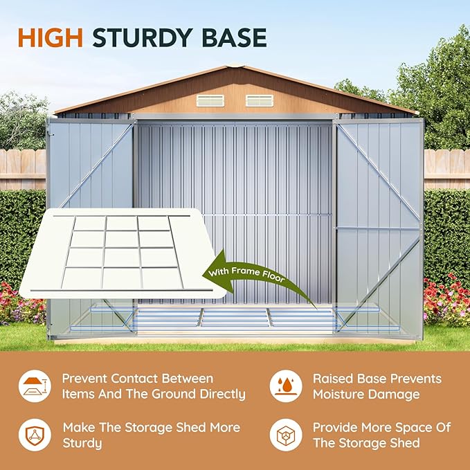 10x12x7.4FT Multi-Used Shed & Outdoor Storage Shed with Base, Lockable Doors, Windows and Vents, Extra Large Metal Shed for Garden,Backyard, Patio,Utility, Various Storage Shed(Matte Gray)