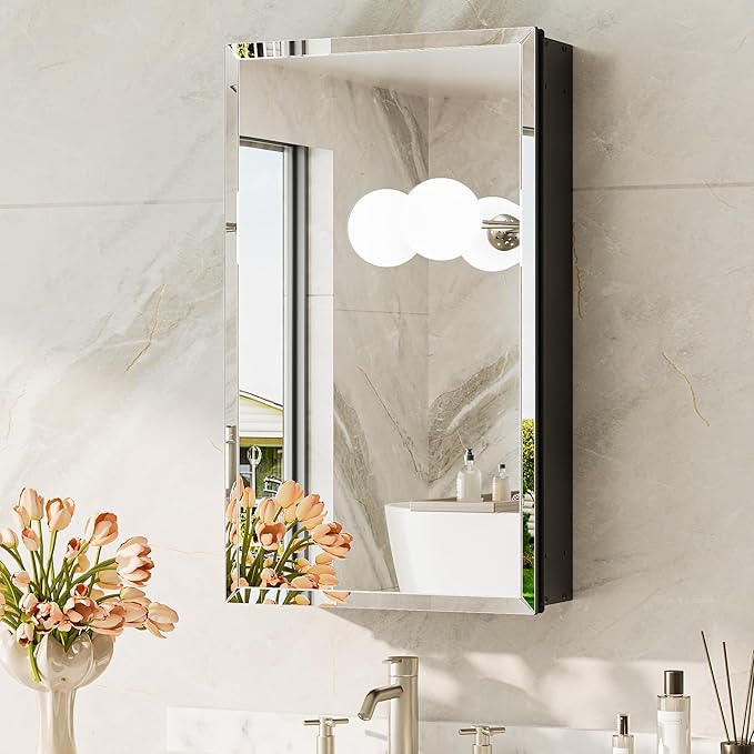 TokeShimi 15 x 26 Recessed Medicine Cabinet with Tempered Beveled Mirror, Assembly Required, Black Medicine Cabinet for Bathroom, Stepless Adjustable Shelves, DTC Hinge