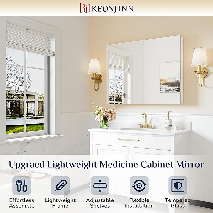 Keonjinn 40 x 32 Inch Large Medicine Cabinet Mirror, Assembly Required, White Bathroom Medicine Cabinets, Aluminum Framework, Adjustable Shelves, Tempered Glass, Soft Closing, Recessed or Wall Mount
