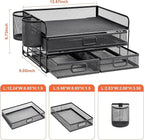 Marbrasse 3 Tier Mesh Desk Organizer with Drawer, Multi-Functional Desk Organizers and Accessories, Paper Letter Organizer with 2 Pen Holder for Home Office Supplies (Black)