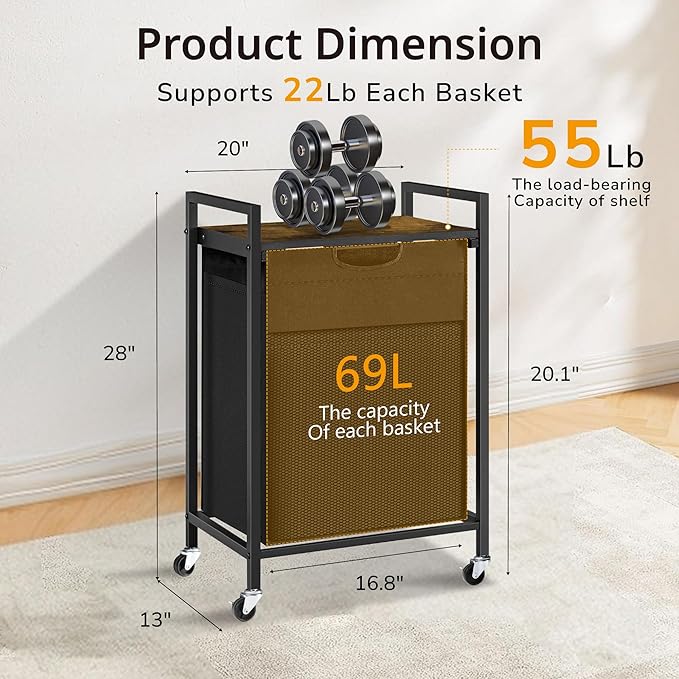 Laundry Hamper with Shelf, Laundry Basket with 1 Pull-Out Removable Bags, 1 x 18.3 Gallons(69L), Metal Frame, Lockable Wheels, for Laundry Room and Bedroom