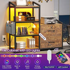 SEDETA 35.4” File Cabinet, Filing Cabinet fits Letter/A4 Size, 2 Drawe File Cabinets for Home Office with Power Strip, LED Lights, Lock, Open Shelf, Rustic Brown
